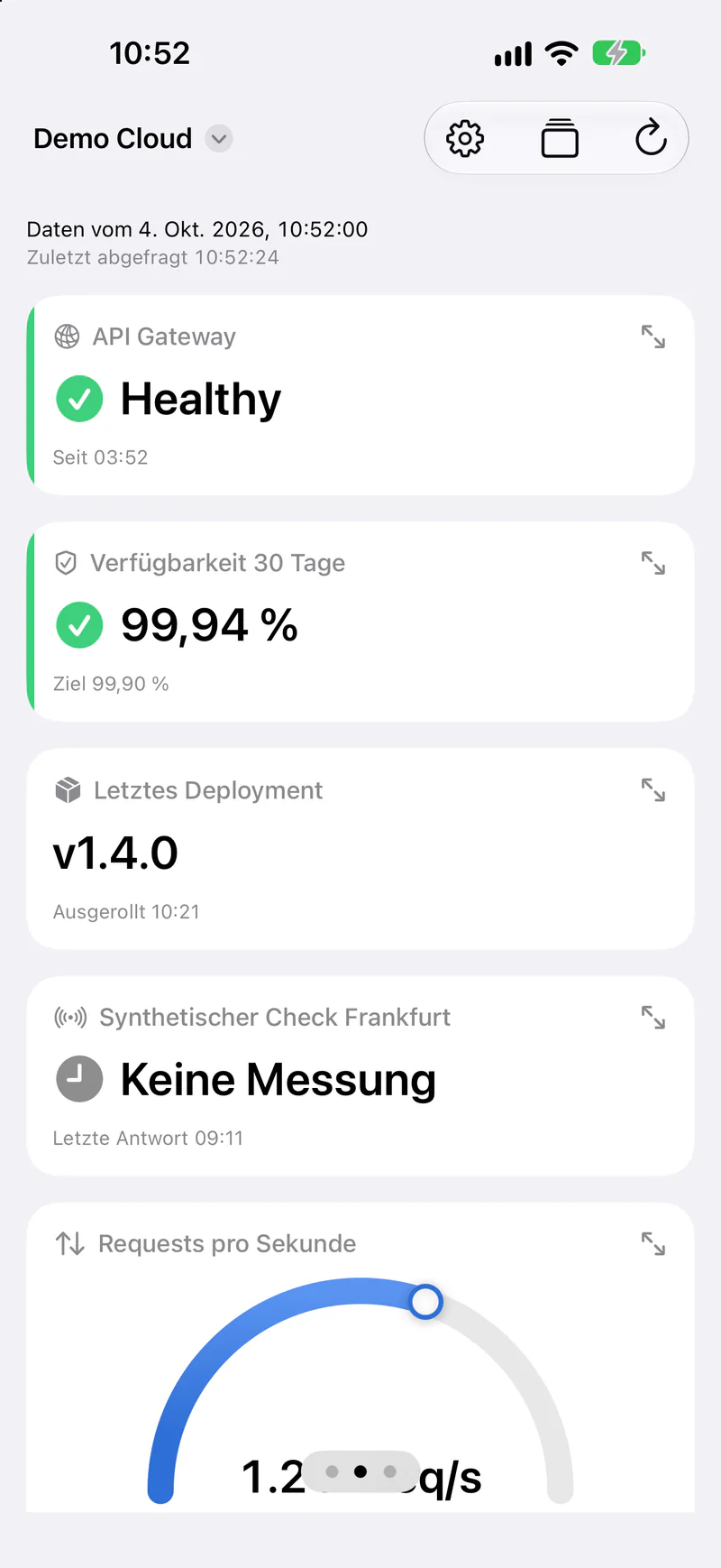 Die Andon-App auf einem iPhone mit der Ansicht Demo Cloud: Zustand des API-Gateways, Verfügbarkeit über 30 Tage, letztes Deployment und ein Check ohne Messung.