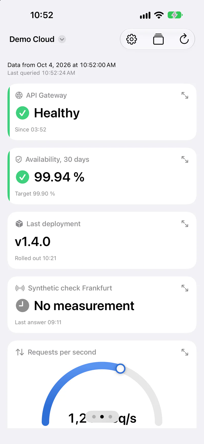 The Andon app on an iPhone with the Demo Cloud view: API gateway healthy, 30-day availability, last deployment and a synthetic check without a measurement.