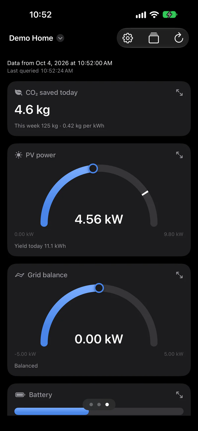 The Andon app on an iPhone with the Demo House view: CO₂ saved today, solar power and grid balance.