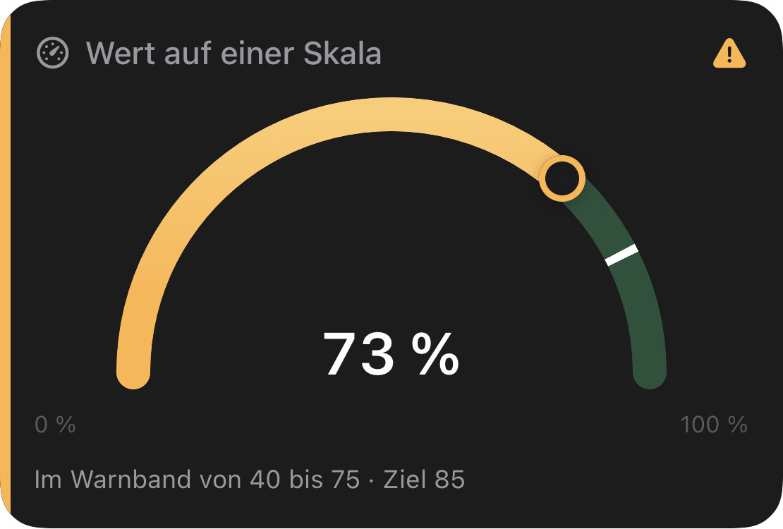 gauge, warning: Ein Wert auf einer Skala: wie voll, wie heiß, wie schnell.
